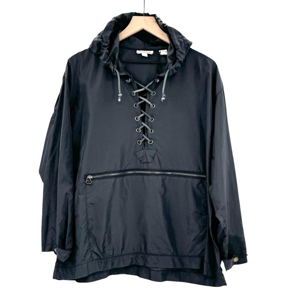 Vintage 90s Ann Taylor Windbreaker Jacket Black Nylon Hooded Pullover | Small